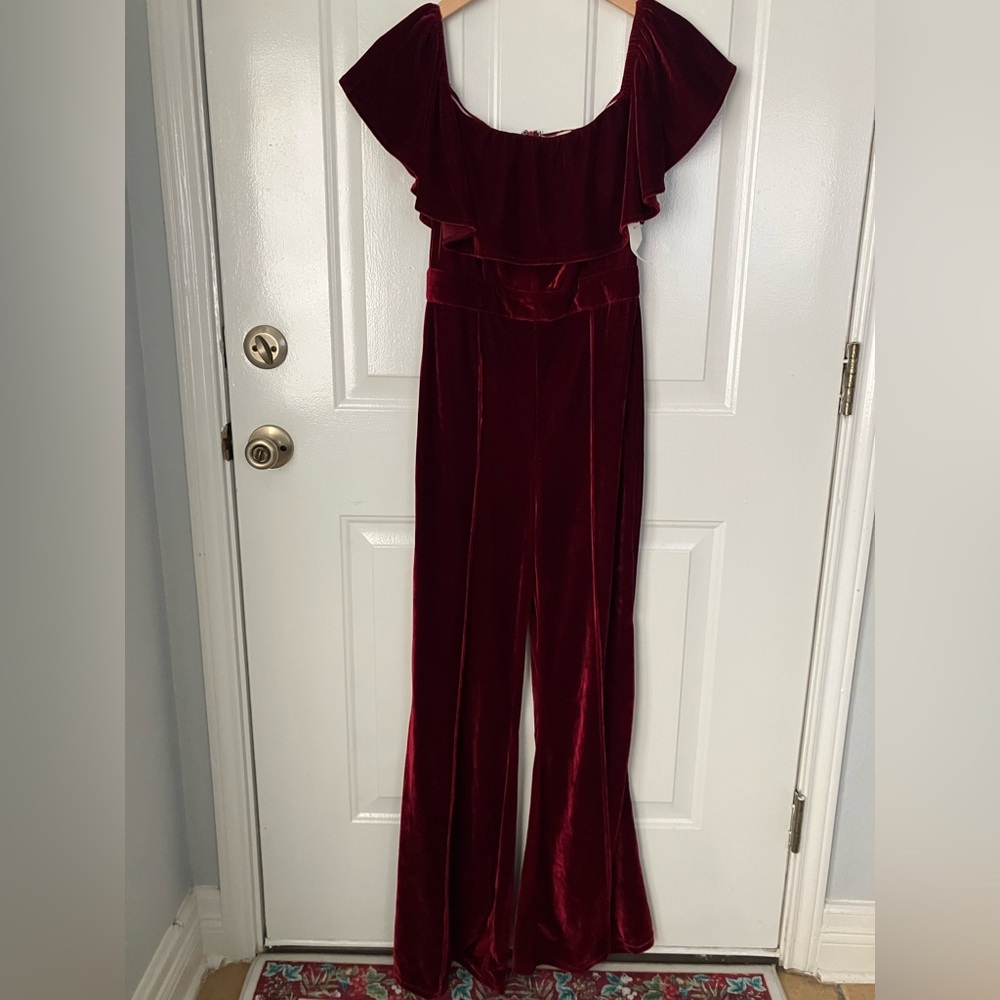 Flying Tomato-off-the-shoulder burgundy velvet jumpsuit